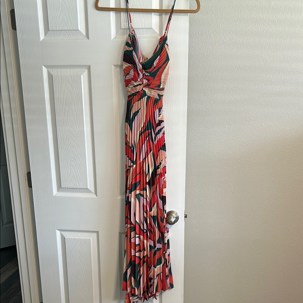 ASTR Blythe Floral Plisse Midi Dress in Green Pink Multi